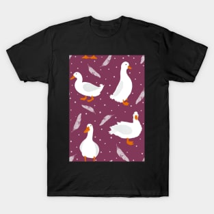 White Pekin Ducks with feathers and dots repeat pattern T-Shirt